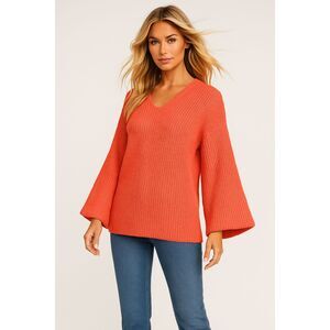 ANN TAYLOR CORAL OVERSIZED BULKY V-NECK FLARE SLEEVES COZZY SWEATER SIZE: XL NWT